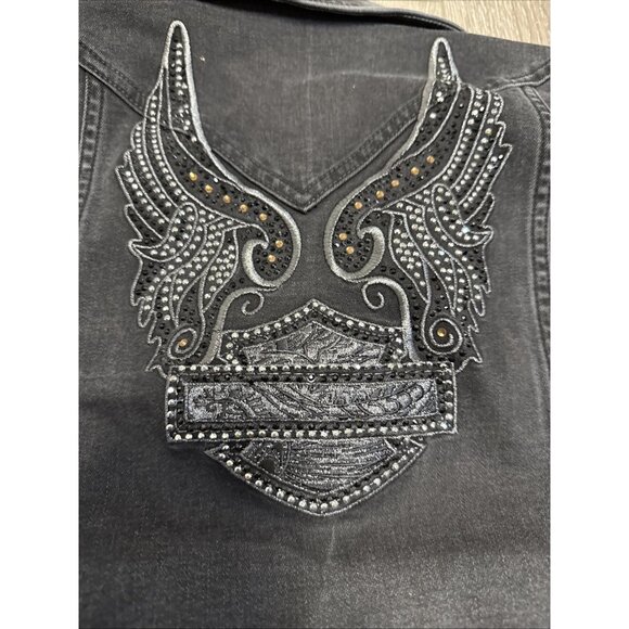 HARLEY DAVIDSON EMBROIDERED WINGED LOGO BLACK FULL ZIP DENIM VEST WOMEN'S SIZE M - Picture 4 of 12